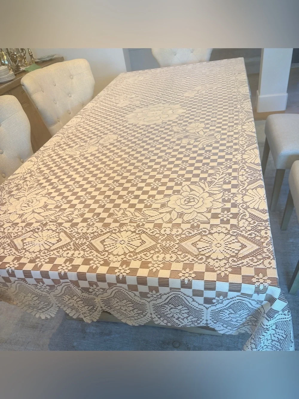Large Floral Checkerboard Lace Tablecloth 114 x 71 Scalloped Ivory
